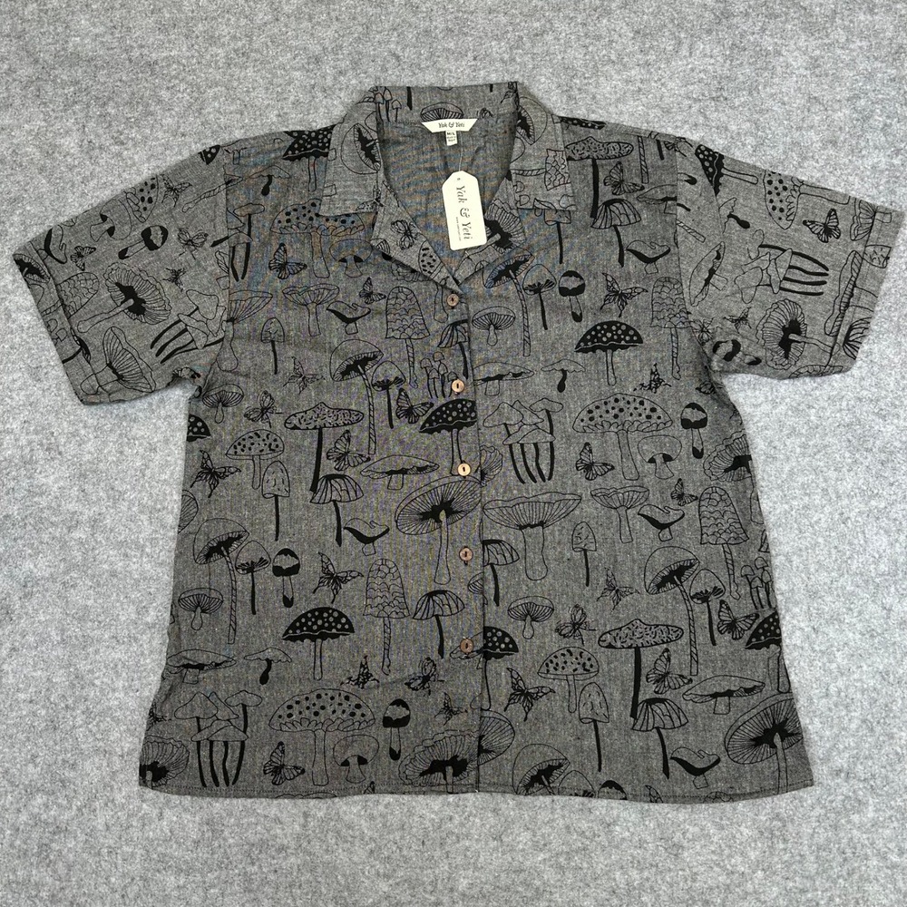 Yak & Yeti Mushroom Butterfly Goblincore Whimsey Cotton Shirt Grey Black M/L